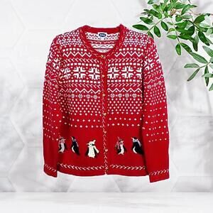 Vintage TABI Womens Size L Red Snowflake Nordic Penguins Cardigan Sweater